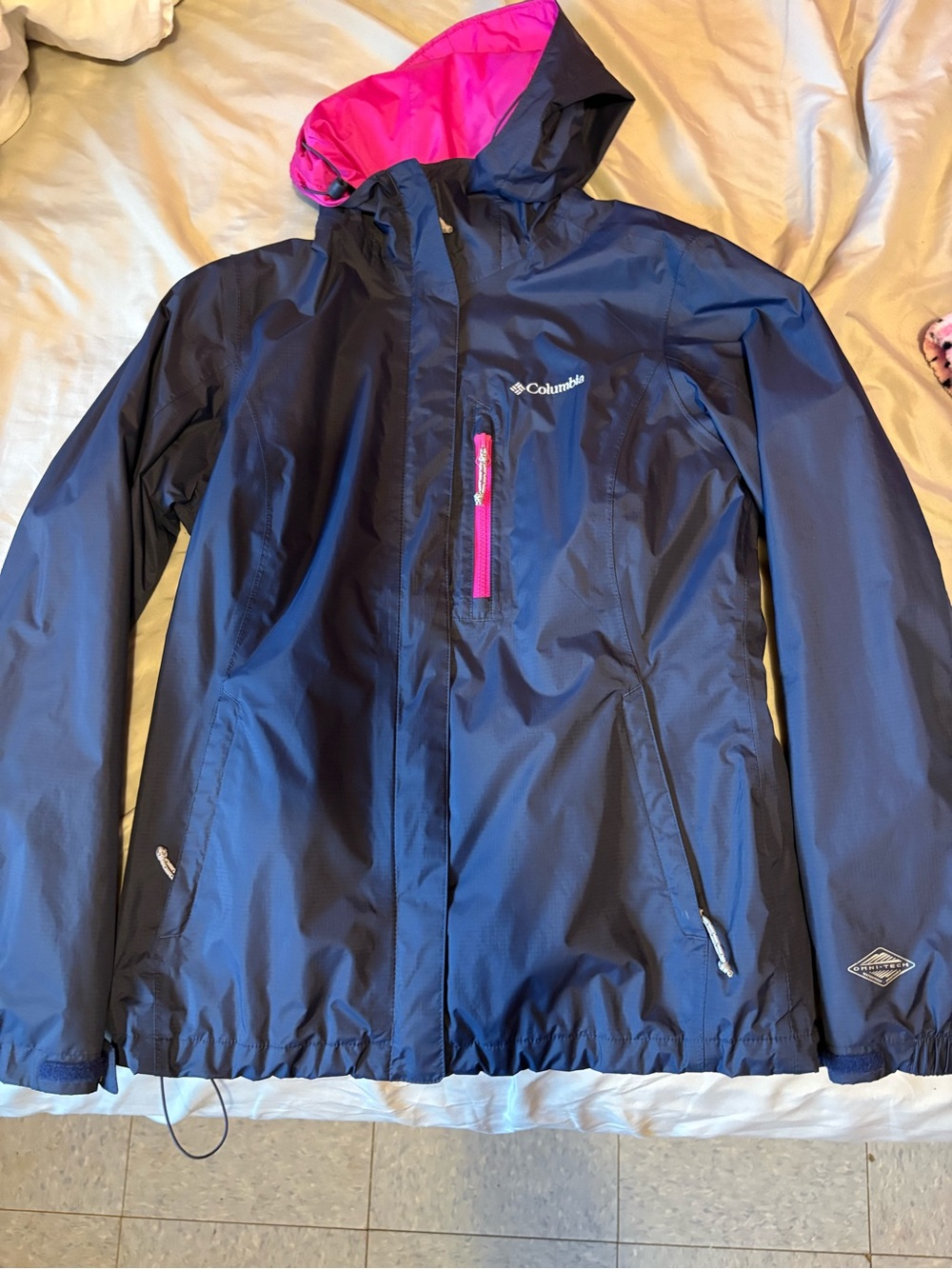 Columbia Navy Rain Jacket with Pink Hood Lining